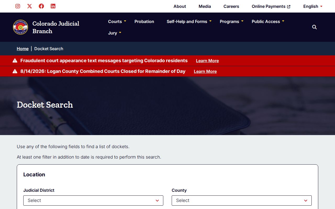 Dolores County court dates statewide calendar search interface
