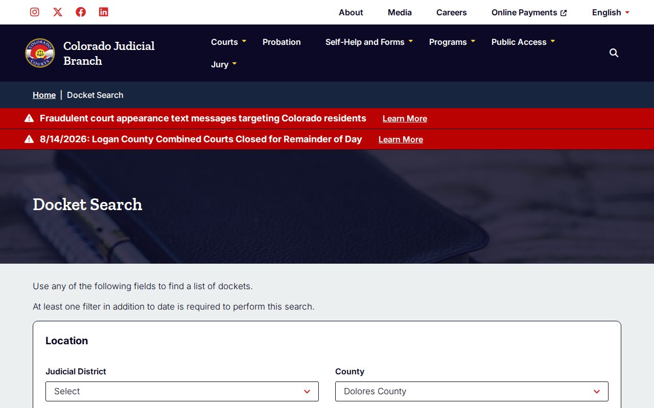 Dolores County court dates county-filtered docket calendar