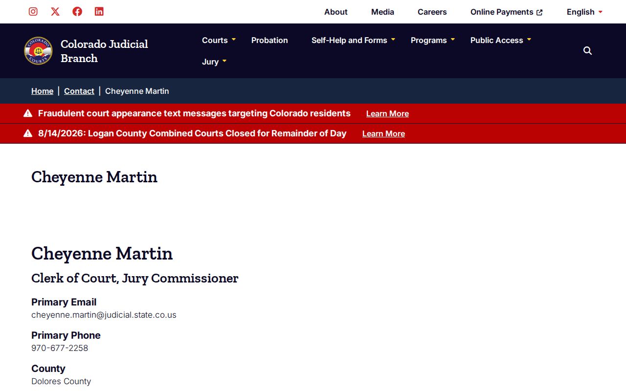 Dolores County case lookup clerk contact record