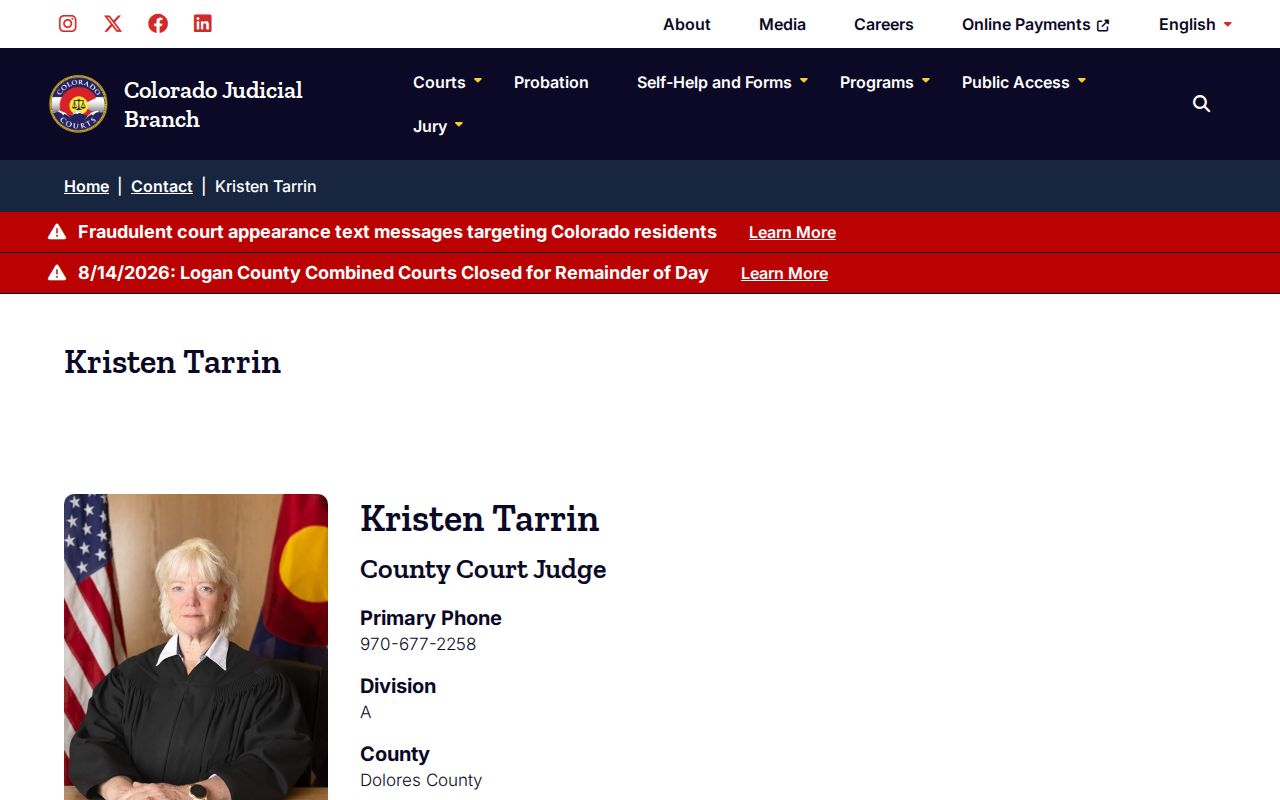 Dolores County criminal docket judicial officer profile