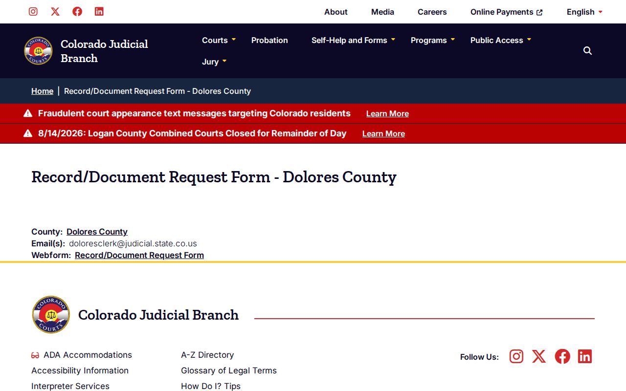 Dolores County court record request landing page