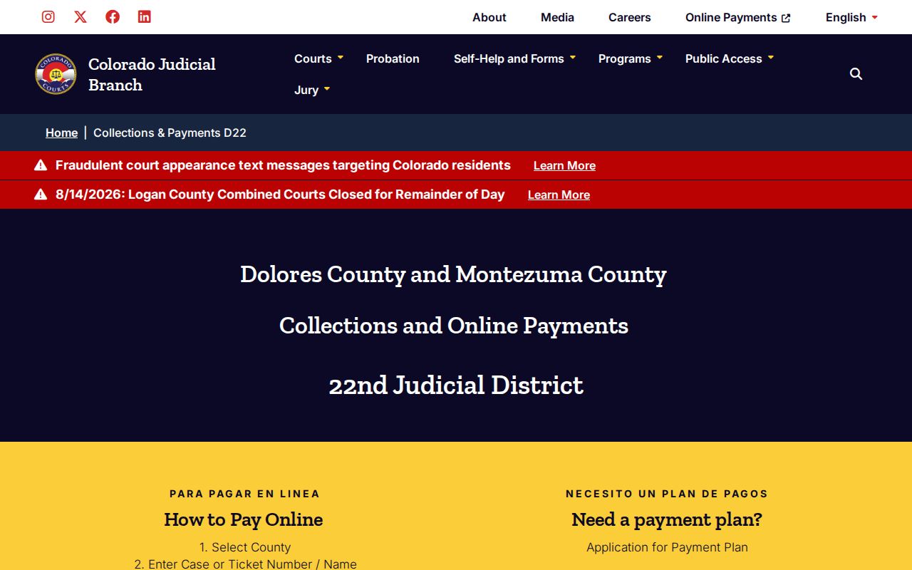 Dolores County traffic ticket collections and payment plan page