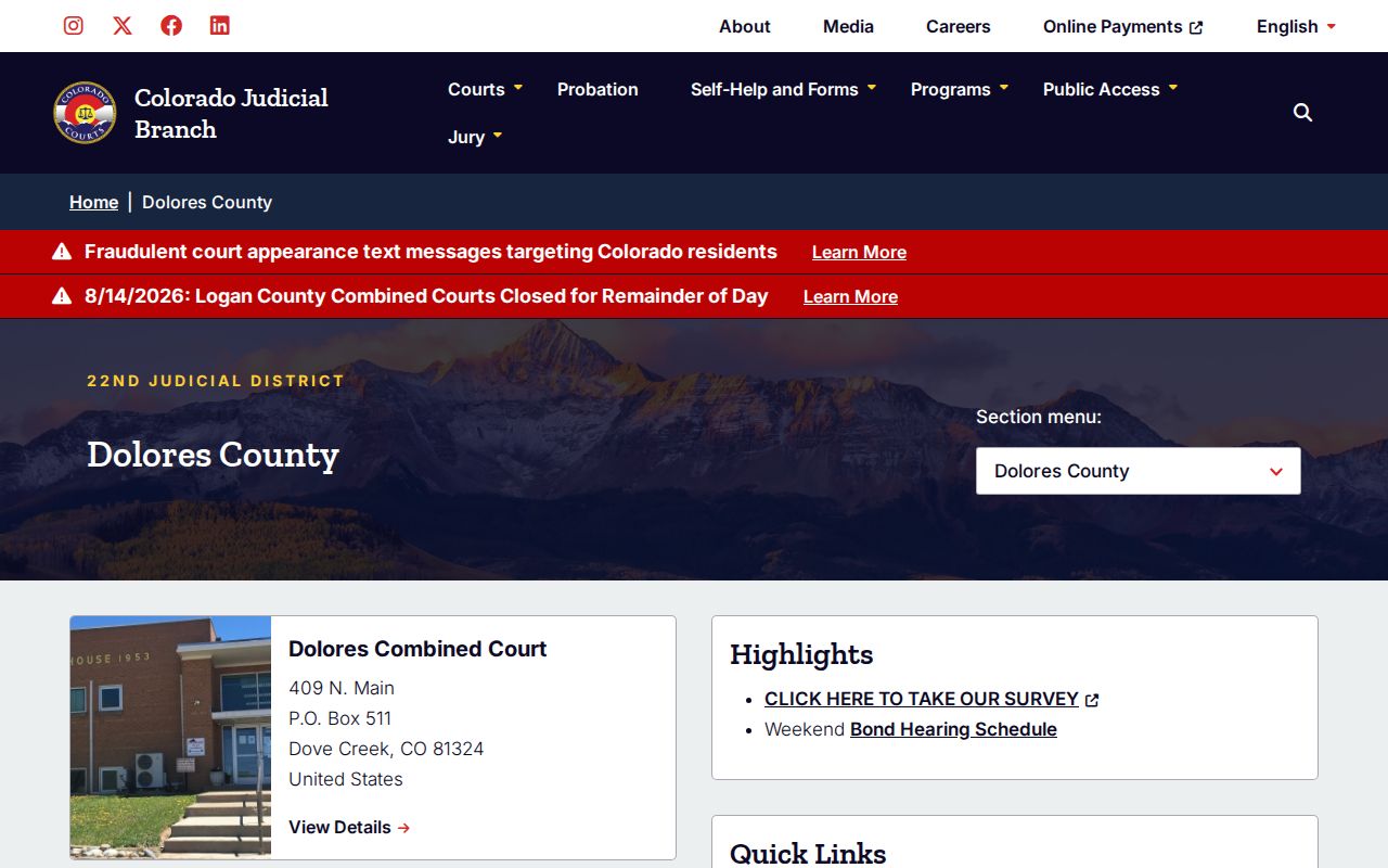 Colorado Judicial Dolores County trial court services page